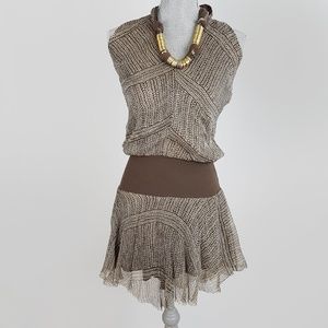 Brown Chiffon Sleeveless Top Dress w/Necklace XS